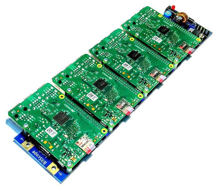 BitScope Blade 04, Quattro Pi, Power & Mounting for four Raspberry Pi (Raspberry Pi not included).